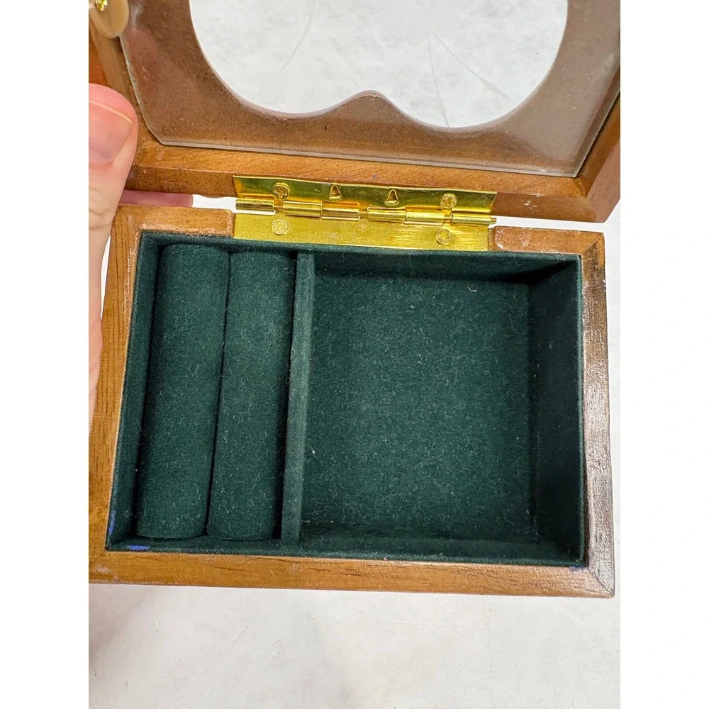 Vintage Wooden Jewelry Box Heart Etched Glass Floral Inlay Green Velvet Lining